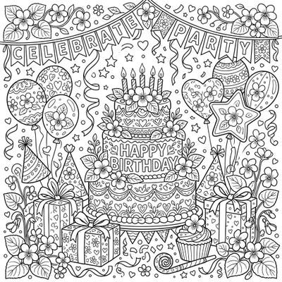 Dive into a joyous celebration with this Wild Violets Birthday Party coloring page, bursting with festive details. Featuring an ornate cake, balloons, gifts, and charming floral accents, it's perfect for any birthday enthusiast.