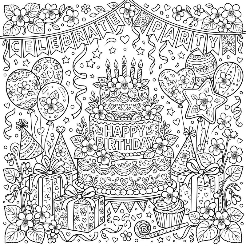 Dive into a joyous celebration with this Wild Violets Birthday Party coloring page, bursting with festive details. Featuring an ornate cake, balloons, gifts, and charming floral accents, it's perfect for any birthday enthusiast.