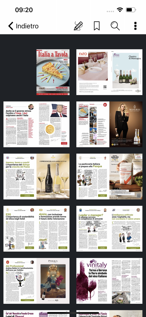 Italia a Tavola - A grid view of pages from the Italia a Tavola digital magazine showing culinary and hospitality articles.