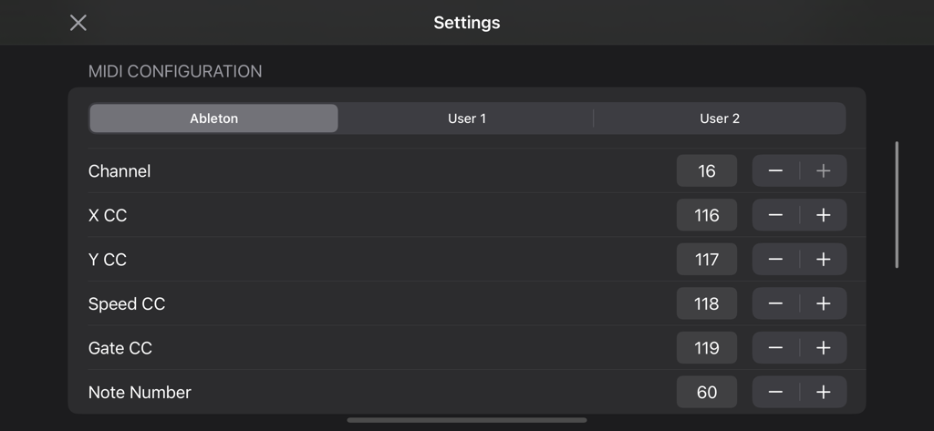Skym - Skym app MIDI configuration settings menu showing Ableton channel and CC mapping controls