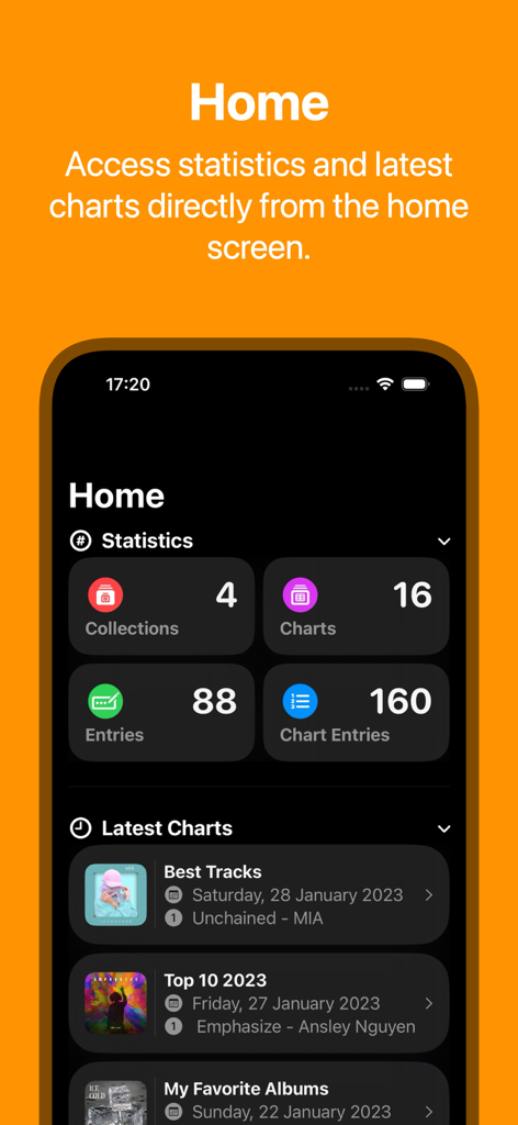 Chart Your Music - Home screen dashboard of the Chart Your Music app showing statistics and latest music charts