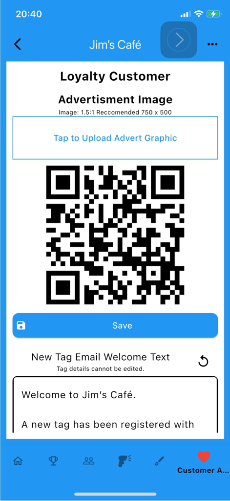 Loyalty Tag - Loyalty Tag app screen for configuring QR codes and custom welcome text for business loyalty programs.