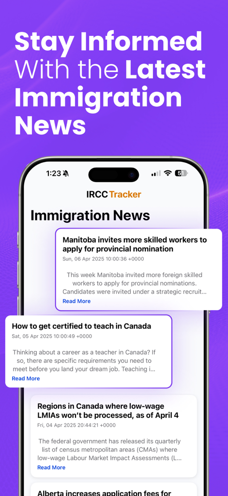 Canadian Immigration Tracker - Screenshot showing the latest immigration news and IRCC updates within the Canadian Immigration Tracker app.
