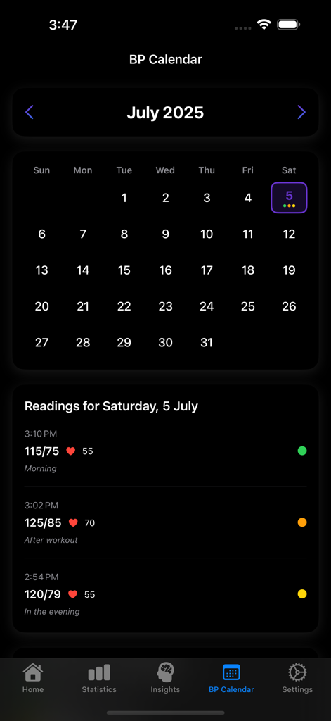 Daily Blood Pressure Log - 血圧測定値と心拍数記録の月間カレンダービュー。