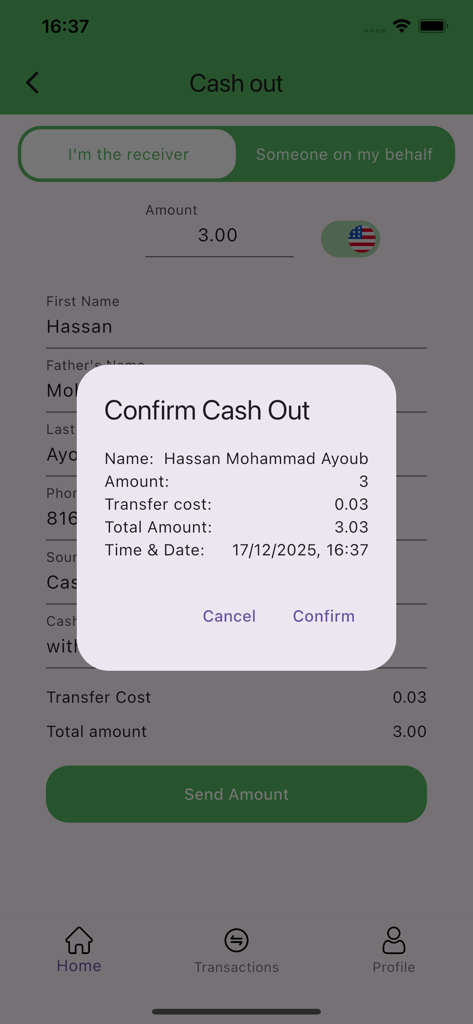 MOL-Pay - MOL-Pay app cash out confirmation screen showing name, amount, and transfer cost