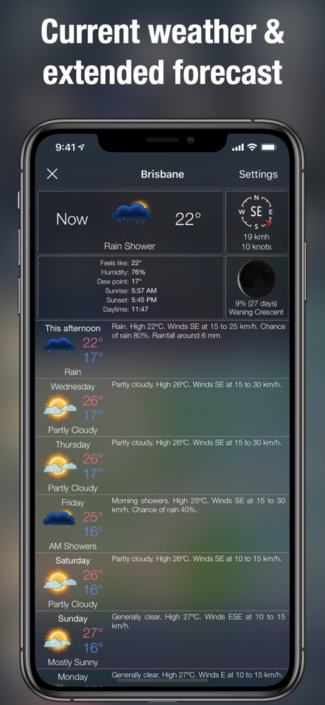 Doppler Radar Map Live Pro - Screenshot of a detailed weather app showing current conditions, wind speed, moon phase, and a weekly forecast.