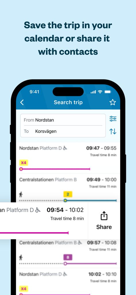 Interfaccia dell'app Vasttrafik To Go che mostra i risultati della ricerca di un viaggio da Nordstan a Korsvagen con un pulsante di condivisione ben visibile