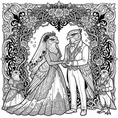 Step into a world where fierce elegance meets timeless romance with our Gothic Goshawk Wedding coloring page. This intricate design invites you to adorn a distinguished avian couple and their attendants in a dramatically beautiful setting.