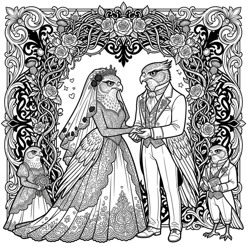 Step into a world where fierce elegance meets timeless romance with our Gothic Goshawk Wedding coloring page. This intricate design invites you to adorn a distinguished avian couple and their attendants in a dramatically beautiful setting.