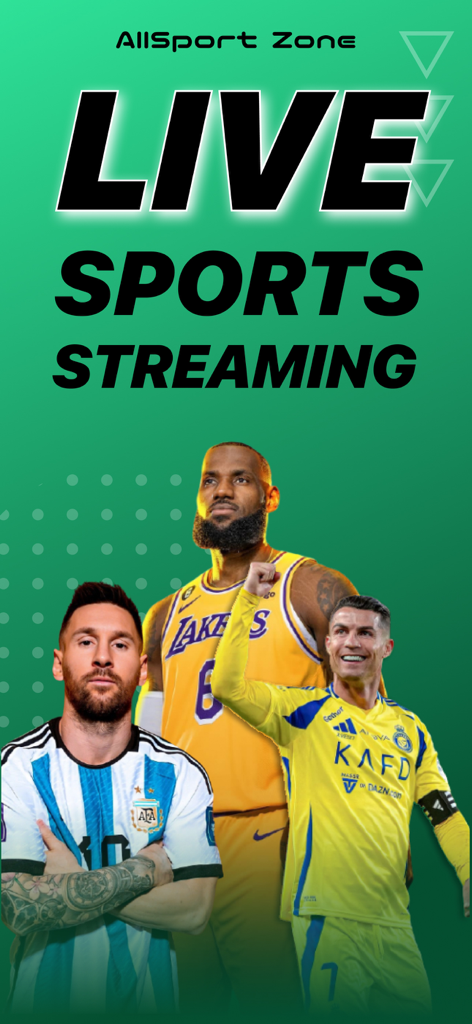 Live Football TV Soccer Score - Live sports streaming interface featuring Messi LeBron James and Cristiano Ronaldo