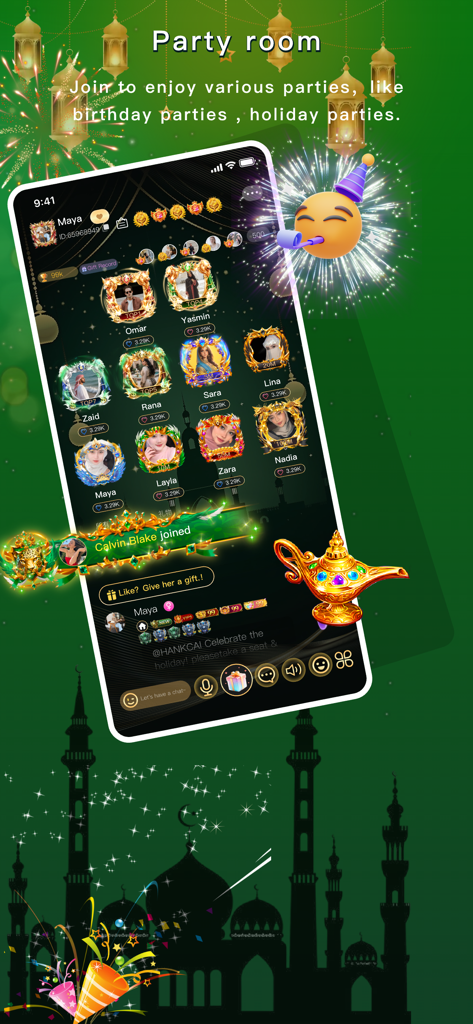 Heyo Chat-Party games - Écran de smartphone montrant une interface de salon de fête numérique avec plusieurs avatars d'utilisateurs et des effets décoratifs de luxe