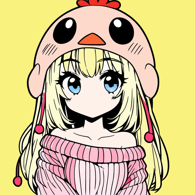 anime girl with chick shaped hat with sweater with bare shoulders with bangs covering them one eye with low tail