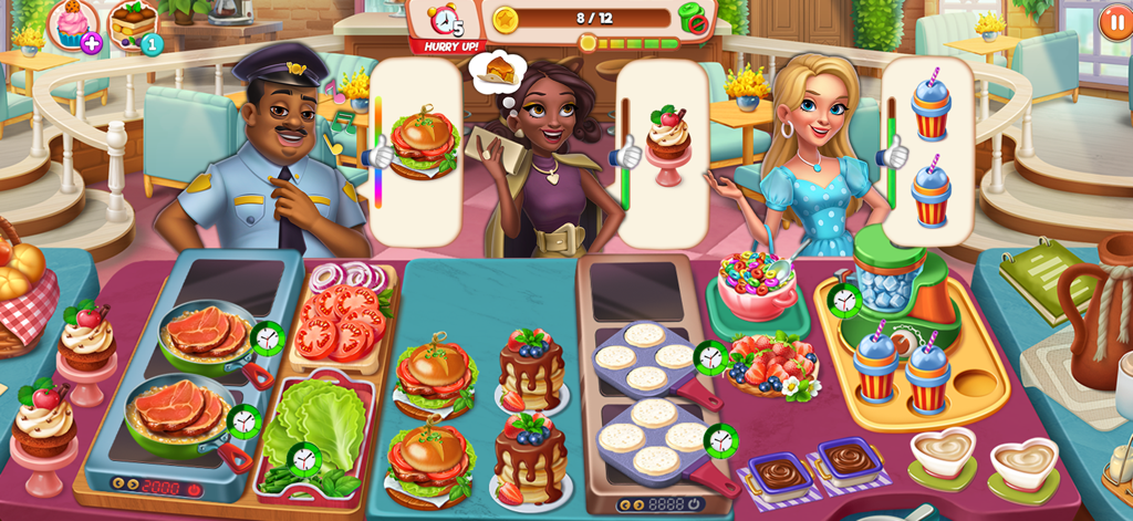 Cooking Rage - Restaurant Game - Una bulliciosa cocina de restaurante en Cooking Rage donde un chef prepara hamburguesas y panqueques para los clientes
