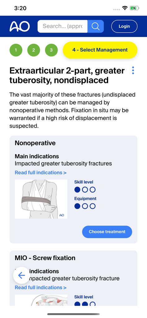 AO Surgery Reference - Bildschirm der AO Surgery Reference App mit Behandlungsoptionen für eine Fraktur des Tuberculum majus, einschließlich nicht-operativer Behandlung mit einer Illustration einer Schulterschlinge.