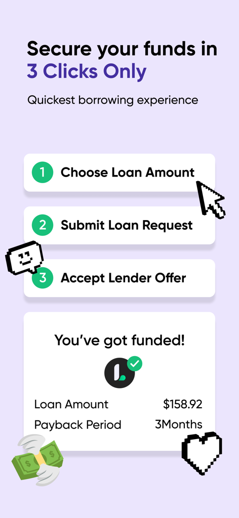 A step-by-step guide to securing a loan on the Lenme app in three clicks alongside a sample funded loan notification.