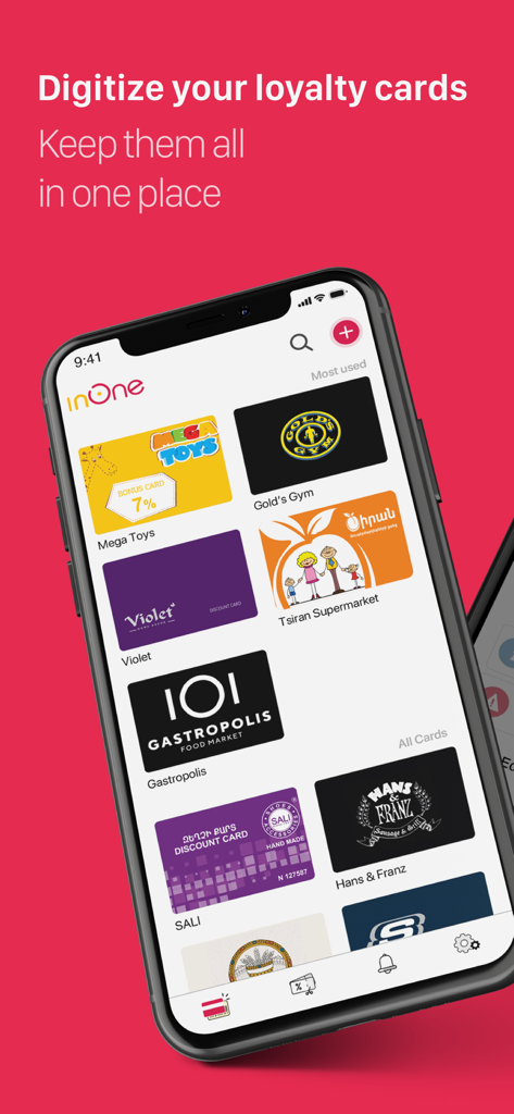 inOne - iPhone screen displaying various digital loyalty cards in the inOne app interface
