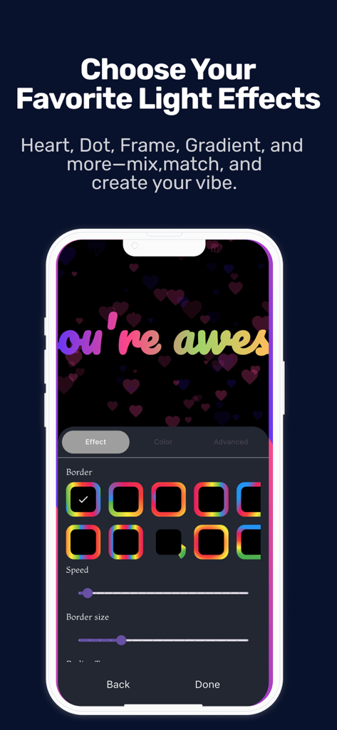 Interfaz para personalizar efectos de luz de borde, velocidad y tamaño en iPhone