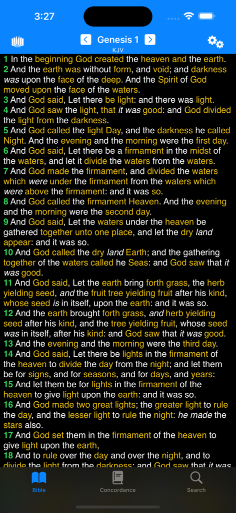Strongs Concordance app interface showing Genesis chapter 1 with highlighted study terms
