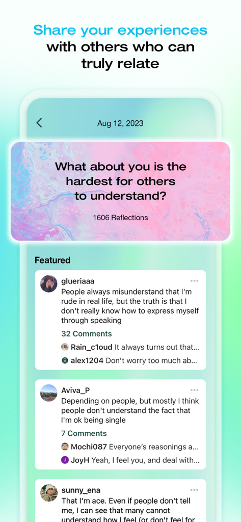 MINDSET by DIVE Studios - A screenshot of the Mindset app community reflection page showing users sharing personal stories and responding to a prompt about what others find hard to understand.