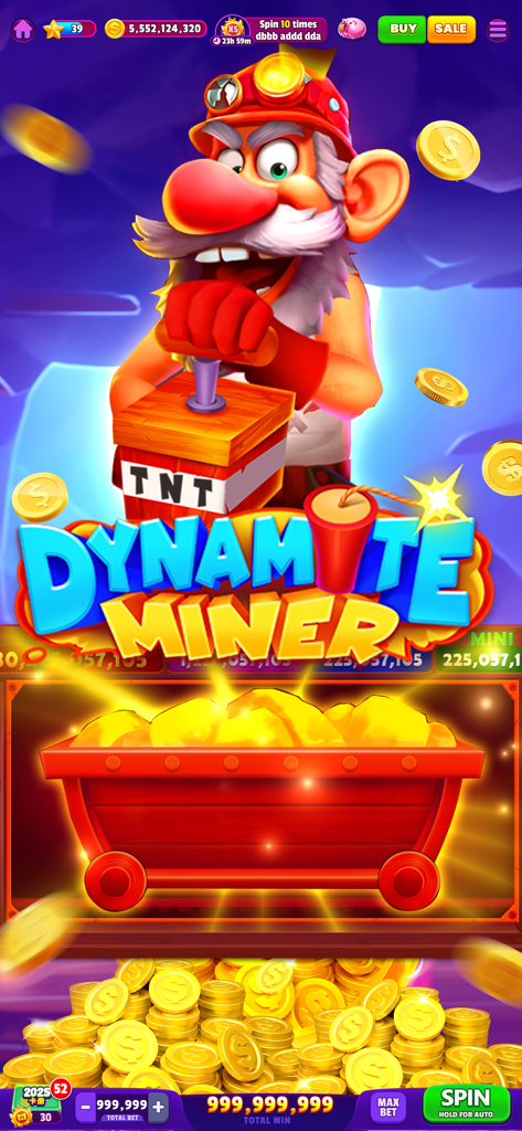 Gameplay screen of Dynamite Miner slot game in Woohoo Casino featuring a miner character and gold coins