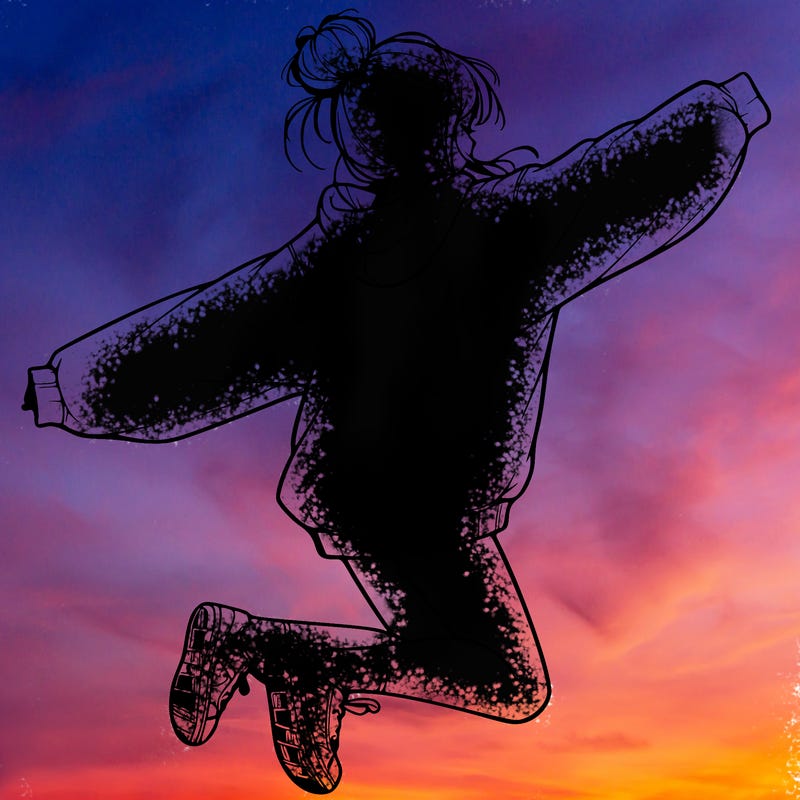 realistic girl jumping with a bun and oversized sweatshirt