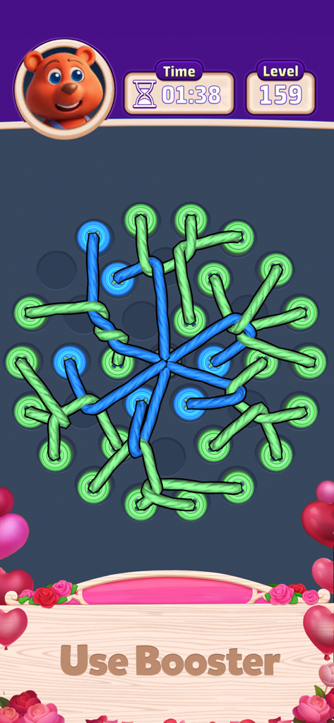 Knot Busters 3D - A 3D mobile game puzzle showing tangled blue and green ropes on circular buttons with a bear character and level timer.