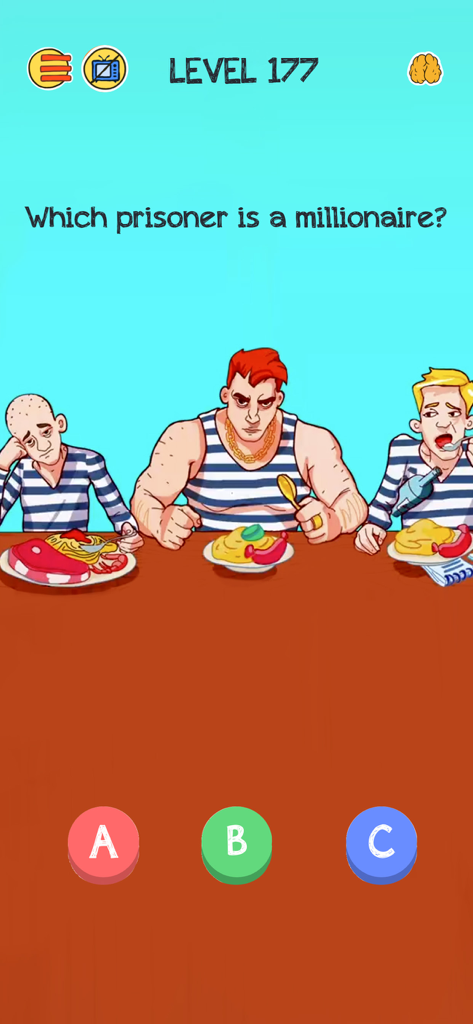 Brain Who? Tricky Riddle Tests - Tela do jogo Brain Who? mostrando uma charada visual perguntando qual prisioneiro é um milionário.