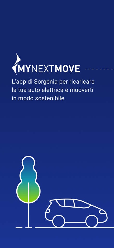 MyNextMove – ricarica auto - Schermata di avvio dell'app MyNextMove con logo e grafica di un'auto elettrica