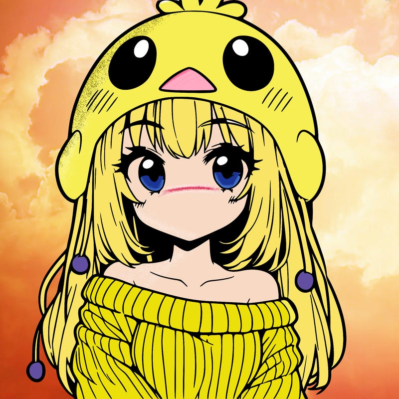 anime girl with chick shaped hat with sweater with bare shoulders with bangs covering them one eye with low tail
