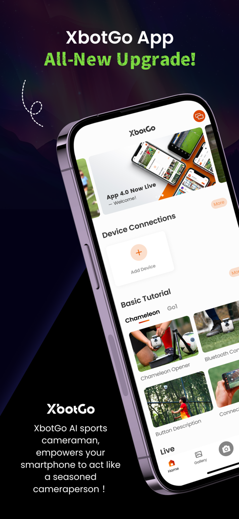Interfaccia dell'app fotocamera sportiva AI XbotGo su un telefono cellulare