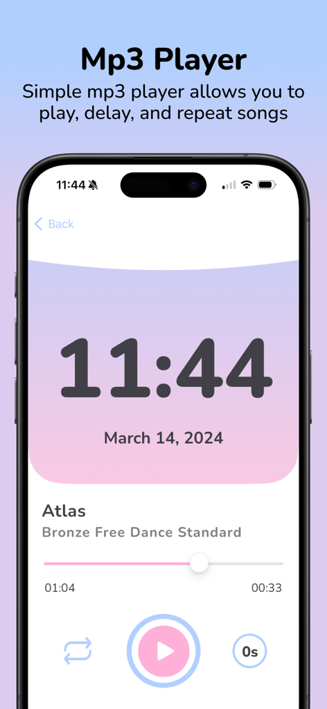 SkateLoops: MP3 Practice App - SkateLoops app music player interface with play delay and repeat buttons for skating practice