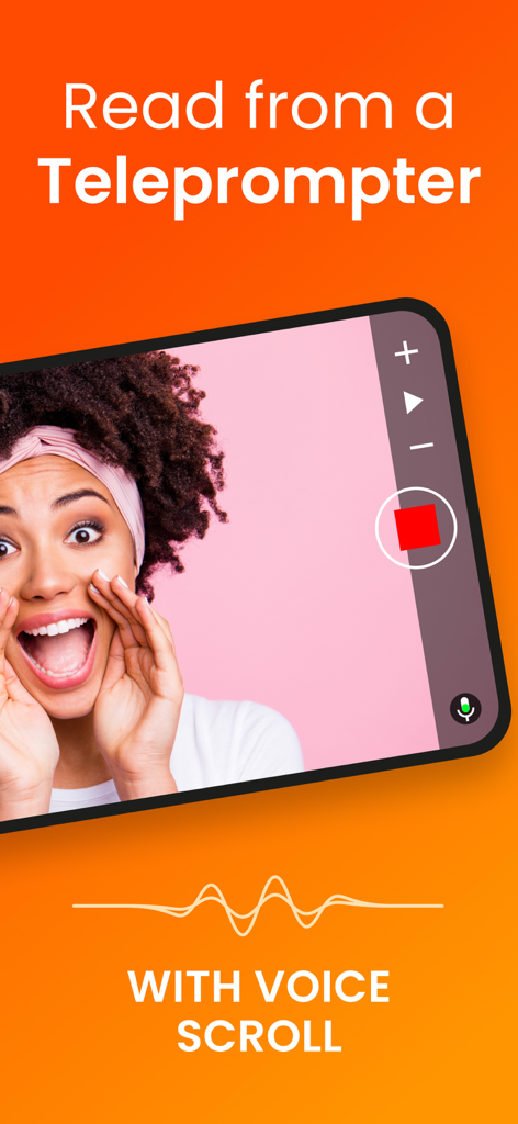 A smartphone displaying the Teleprompter for Video app interface with a voice scroll feature for recording videos.