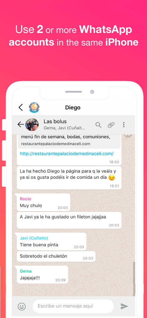 WhatsAgain for WhatsApp - Captura de pantalla de la aplicación WhatsAgain mostrando un chat grupal de WhatsApp en un iPhone con texto sobre el uso de múltiples cuentas.