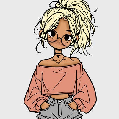 girl with a messy ponytail glasses a baggy crop top and jean shorts