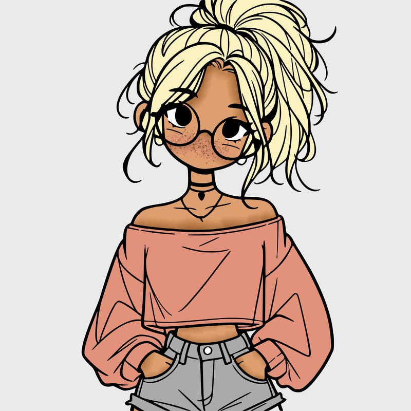 girl with a messy ponytail glasses a baggy crop top and jean shorts