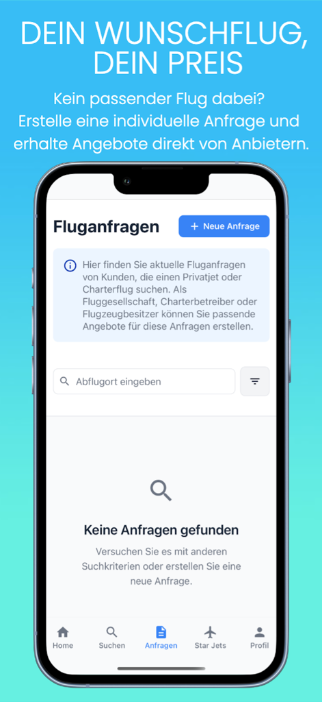 PrivJet Empty Leg Concierge - Interface de l'application PrivJet montrant comment les utilisateurs peuvent créer des demandes de vols privés personnalisées et recevoir des offres de fournisseurs.
