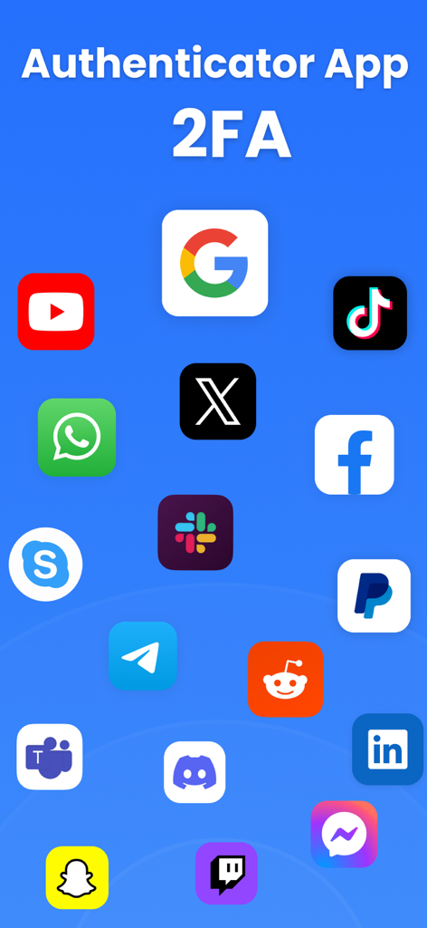 Two Factor Authentication App・ - 多数の互換性のあるソーシャルメディアおよびコミュニケーションアプリのアイコンが表示された、認証アプリの2FAインターフェース。