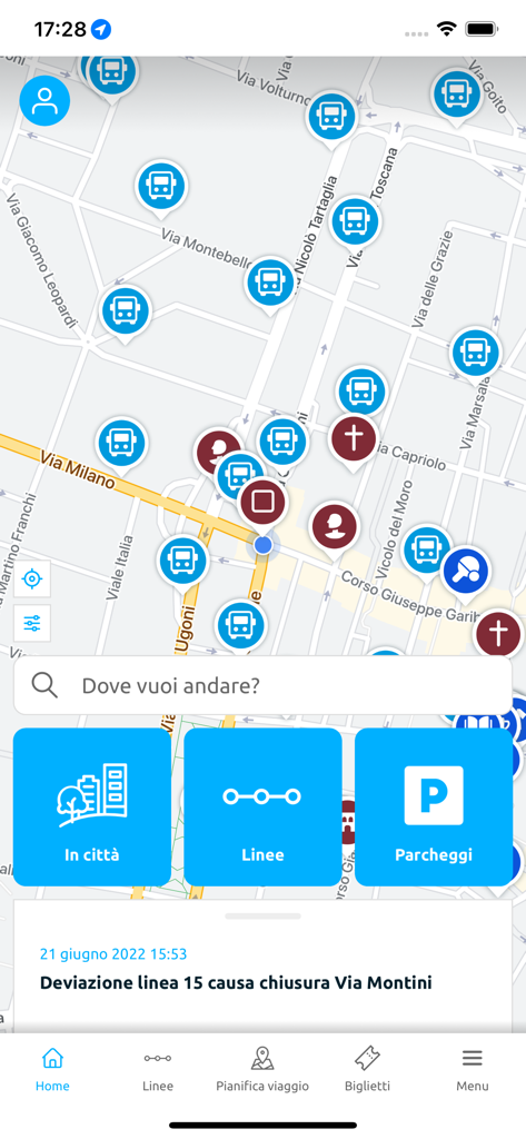 Schermata principale dell'app mobile Bresciapp che mostra una mappa della città con icone di fermate dell'autobus e funzionalità di navigazione