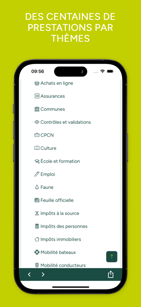 Guichet unique - Une interface mobile affichant un menu de catégories de services administratifs dans l'application Guichet unique