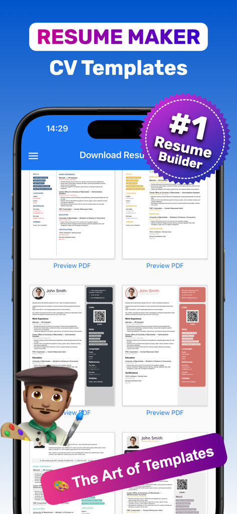 CV Resume Maker ¹ - La aplicación CV Resume Maker mostrando plantillas de currículums profesionales y funciones de creación para móviles