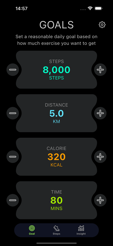 Steps: Daily Pedometer App - Screenshot of the Goals screen in the Steps app showing targets for daily steps distance calories and active time