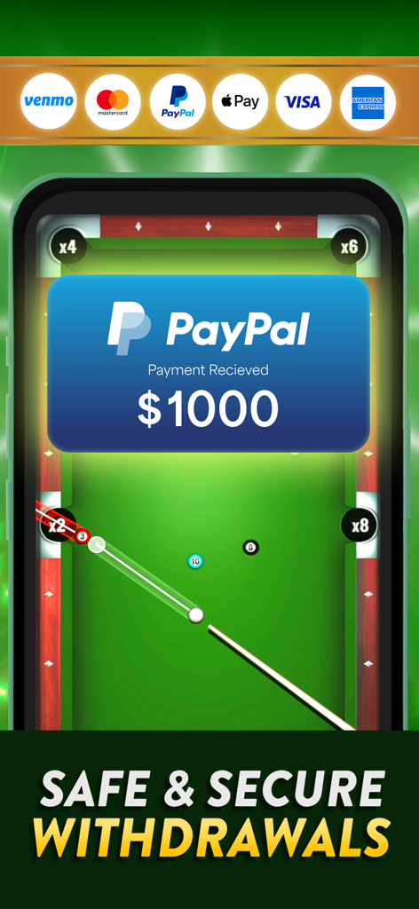 Pool Payday game screen showing safe and secure withdrawals with a one thousand dollar PayPal payment notification and supported payment icons
