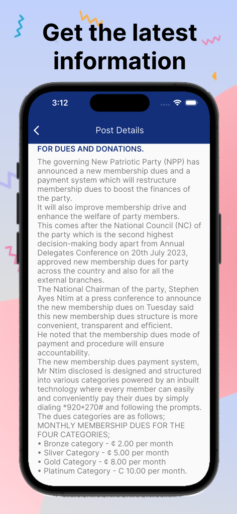 NPP Mobile - NPP Mobile app screen displaying information about political party membership dues and donation categories.
