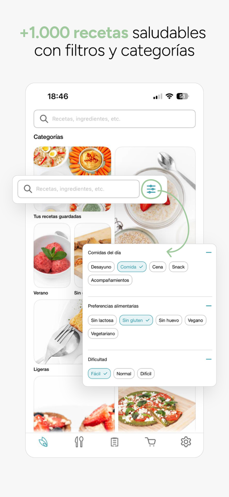 FuturApp mobile interface showing healthy recipe search and dietary filters