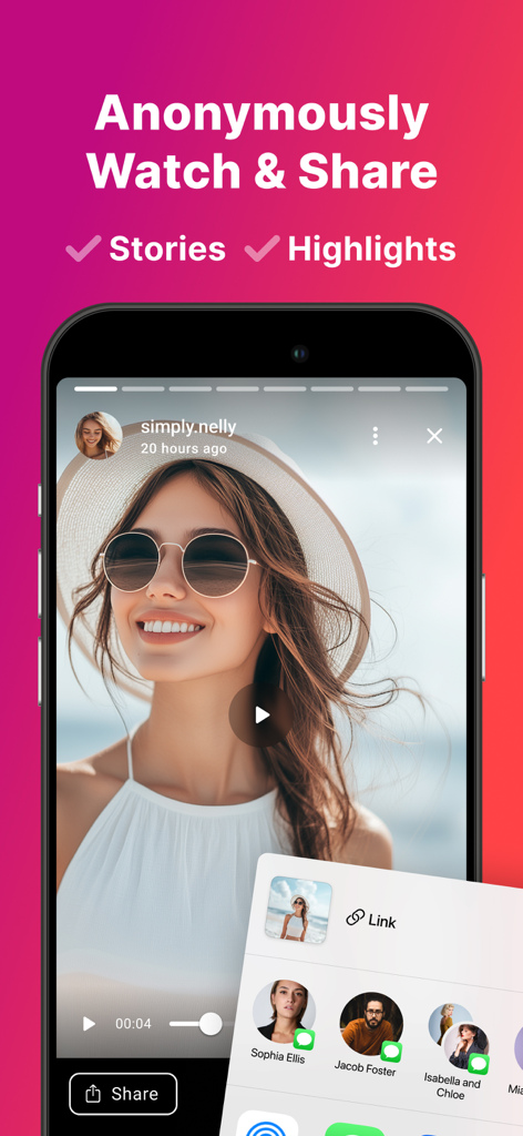 IncoStory: Story Viewer - IncoStory app interface showing anonymous viewing and sharing of Instagram stories and highlights.