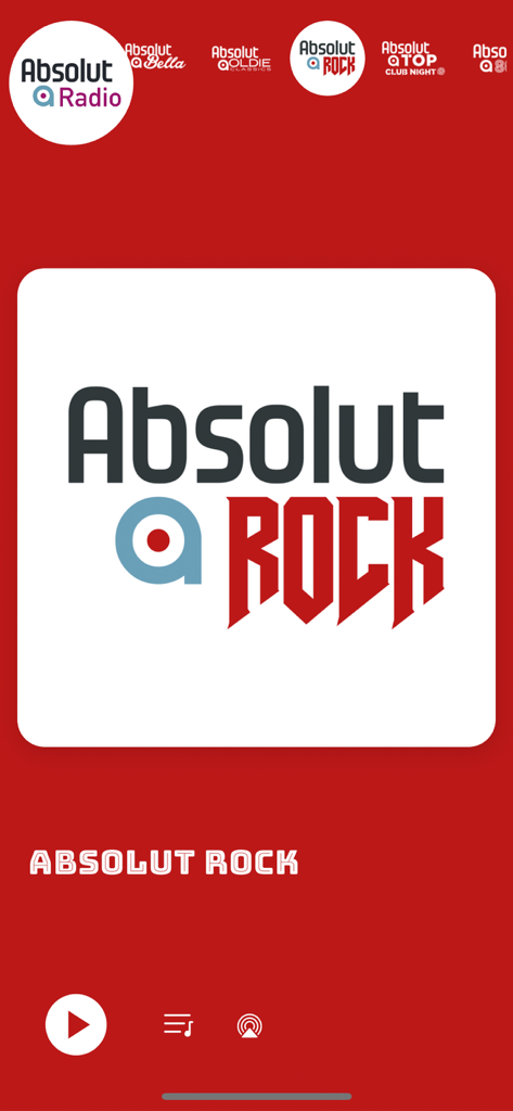 Interfaz de usuario de la aplicación Absolut Radio mostrando el reproductor de la emisora Absolut Rock con fondo rojo