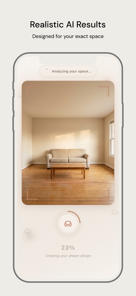 Archify: AI Home Design - Interface de l'application montrant l'IA Archify analysant une photo de salon pour générer des résultats de design réalistes