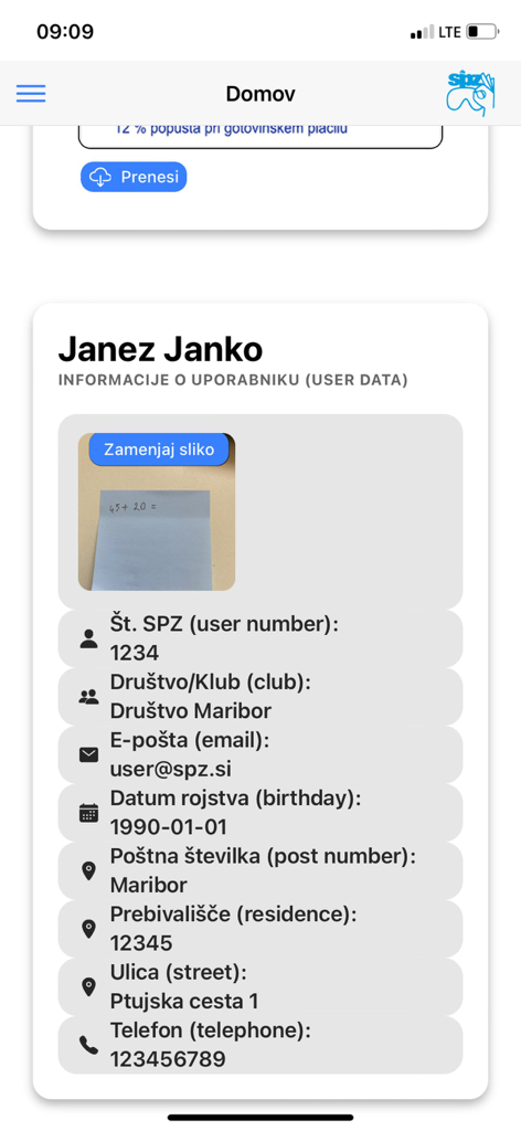 SPZ App - User profile screen in the SPZ scuba diving app showing member details like name, club, and contact information