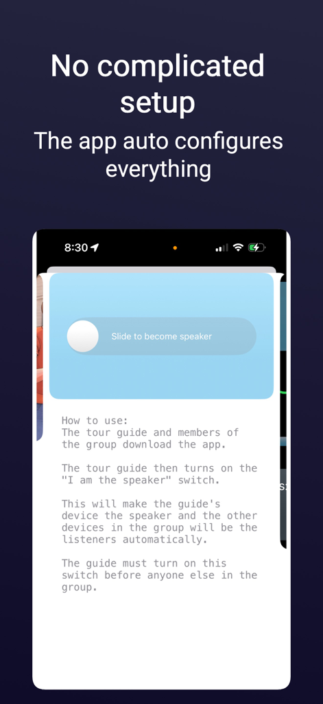 TourTalk: For Tour Guides - TourTalk app interface showing simple setup with a speaker toggle slider and instructions.