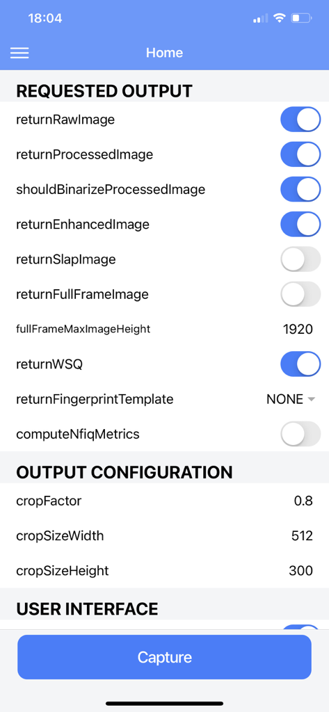 ONYX Touchless Fingerprinting - The configuration screen of the ONYX Touchless Fingerprinting app showing technical settings for biometric data output and capture.